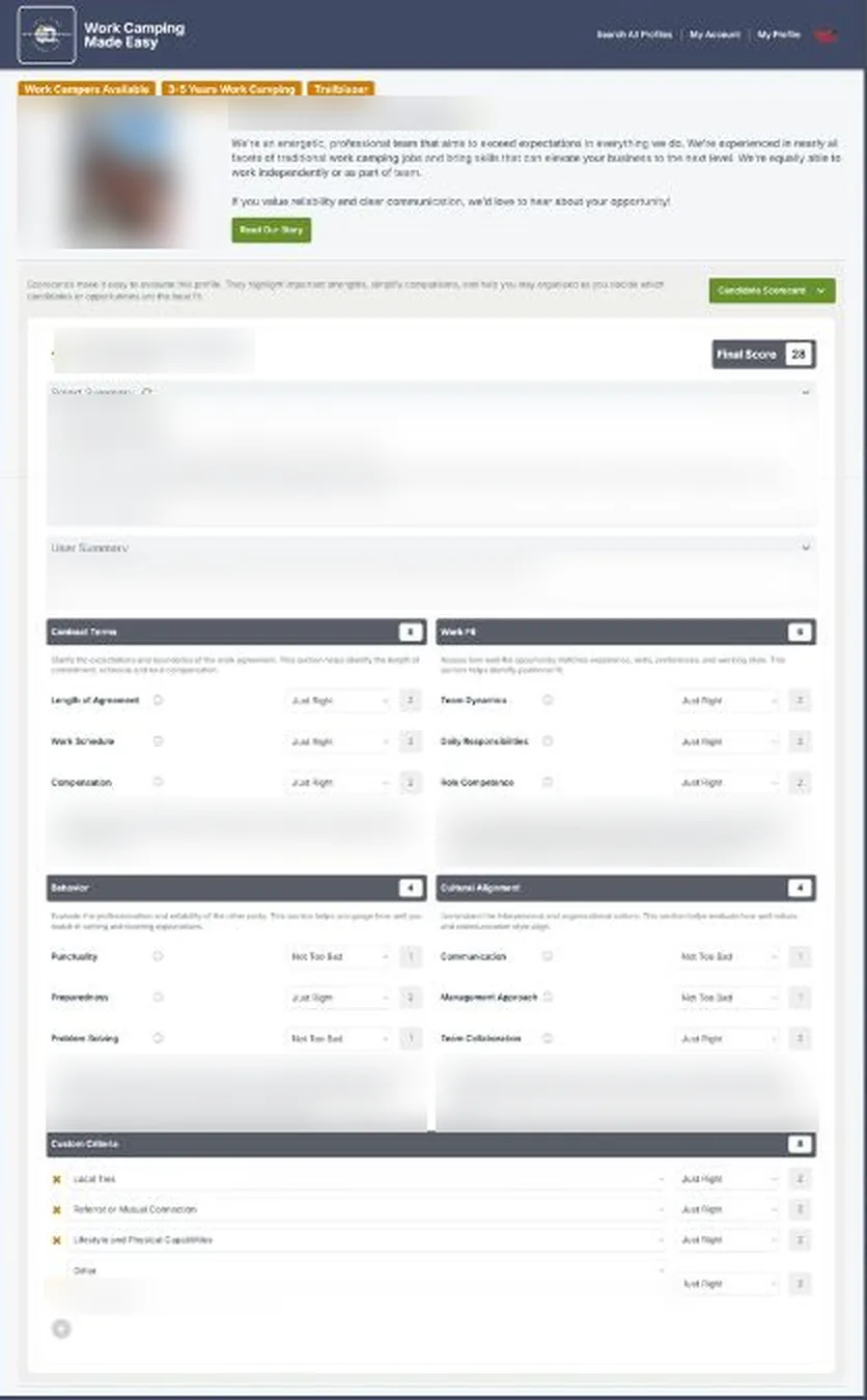 Candidate scorecard in Work Camping Made Easy, a Bubble.io job matching platform, scoring contract terms, work fit, behaviour and cultural alignment